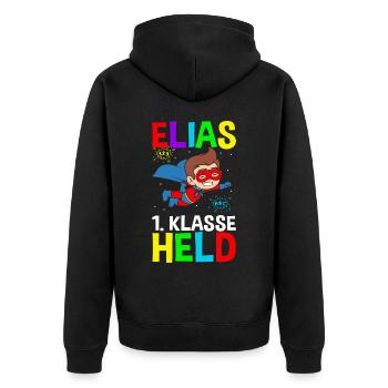 Schulkind Elias 1. Klasse Held - Unisex Premium Bio Zip Hoodie - Schwarz - Hinten - Nico (187cm)