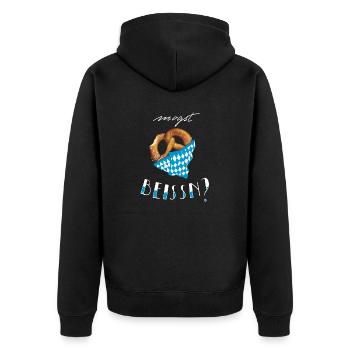 Bayern Breze "Mogst beissn?" - hell - Unisex Premium Bio Zip Hoodie - Schwarz - Hinten - Nico (187cm)