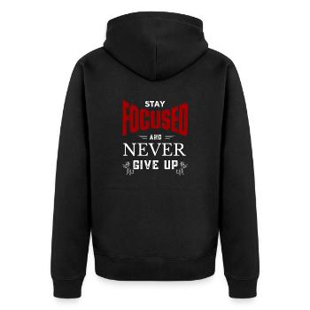 Bleib fokussiert und gib niemals auf - Unisex Premium Bio Zip Hoodie - Schwarz - Hinten - Nico (187cm)