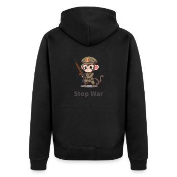 STOP WAR MONKEY - Unisex Premium Bio Zip Hoodie - Schwarz - Hinten - Nico (187cm)