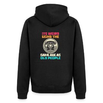 Jahrgang | Klassisch | Klassisch | Alt - Unisex Premium Bio Zip Hoodie - Schwarz - Hinten - Nico (187cm)