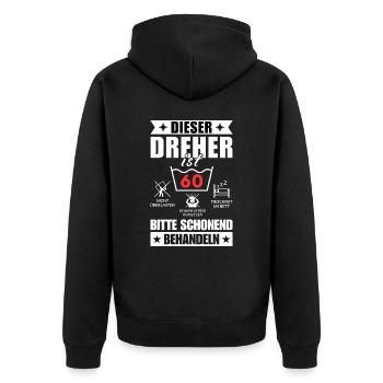 Dieser Dreher ist 60. Schonend behandeln - Unisex Premium Bio Zip Hoodie - Schwarz - Hinten - Nico (187cm)