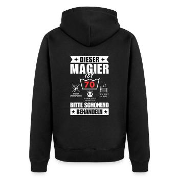 Dieser Magier ist 70. Schonend behandeln - Unisex Premium Bio Zip Hoodie - Schwarz - Hinten - Nico (187cm)