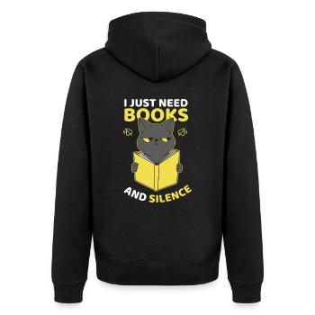 Ich brauche nur Bücher und Stille - Unisex Premium Bio Zip Hoodie - Schwarz - Hinten - Nico (187cm)