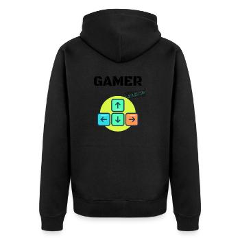 Gamer Level Up - Unisex Premium Bio Zip Hoodie - Schwarz - Hinten - Nico (187cm)