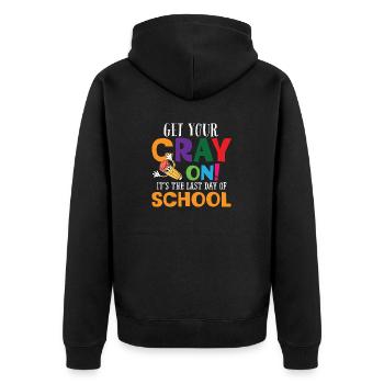 Holen Sie sich Ihre Cray On It's The Last Day Of School - Unisex Premium Bio Zip Hoodie - Schwarz - Hinten - Nico (187cm)