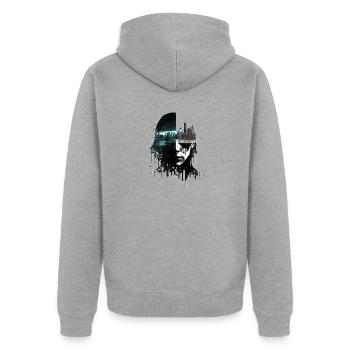 Lone hacker in a dystopian city - Unisex Premium Organic Zip Hoodie - heather grey - Back - Nico (187cm)