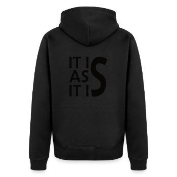 Es ist wie es ist - Unisex Premium Bio Zip Hoodie - Schwarz - Hinten - Nico (187cm)