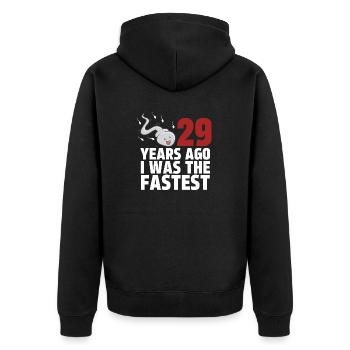 Vor 29 Jahren war ich der Schnellste - Unisex Premium Bio Zip Hoodie - Schwarz - Hinten - Nico (187cm)