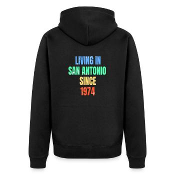 Rétro Vintage vivant à San Antonio depuis 1974 - Veste à capuche bio Premium Unisexe - noir - Dos - Nico (187cm)