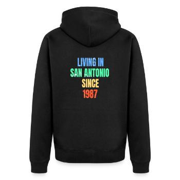 Retro Vintage Living In San Antonio Since 1987 - Unisex Premium Organic Zip Hoodie - black - Back - Nico (187cm)
