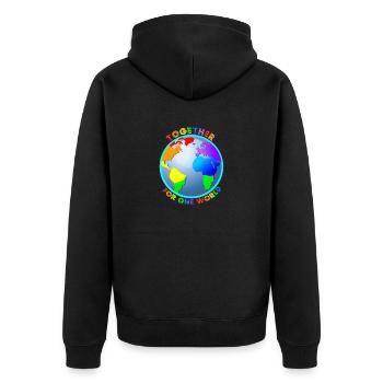 Weltkugel "For One World" - Regenbogenfarben - Unisex Premium Bio Zip Hoodie - Schwarz - Hinten - Nico (187cm)