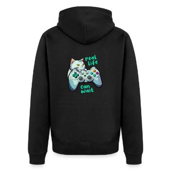 Gamer Katze Controller Spruch Real Life Can Wait - Unisex Premium Bio Zip Hoodie - Schwarz - Hinten - Nico (187cm)