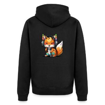 Kawaii Süßer Fröhlicher Bunter Fuchs mit Kopfhörern - Unisex Premium Bio Zip Hoodie - Schwarz - Hinten - Nico (187cm)