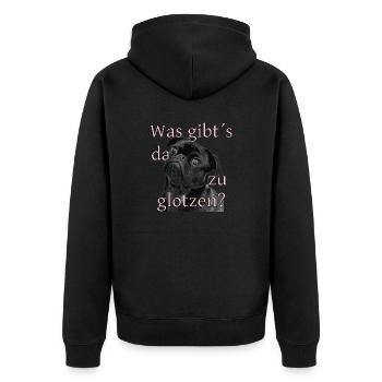 Was gibt´s da zu glotzen? - Unisex Premium Bio Zip Hoodie - Schwarz - Hinten - Nico (187cm)