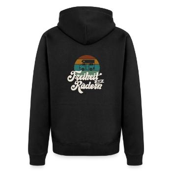 Wohnmobil Spruch Freiheit auf Rädern - Unisex Premium Bio Zip Hoodie - Schwarz - Hinten - Nico (187cm)