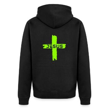 Jesus kreuz grün - Unisex Premium Bio Zip Hoodie - Schwarz - Hinten - Nico (187cm)