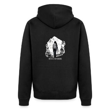 Never Stop Hiking (Himalaya Woman Edition) - Unisex Premium Bio Zip Hoodie - Schwarz - Hinten - Nico (187cm)