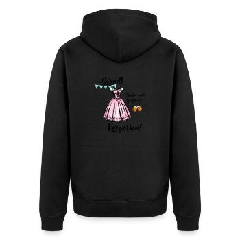 Dirndl versessen, saufen geht trotzdem! - Unisex Premium Bio Zip Hoodie - Schwarz - Hinten - Nico (187cm)