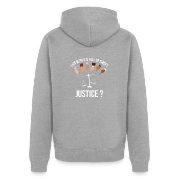 The world is full of judges, What about JUSTICE? - Unisex Premium Organic Zip Hoodie - heather grey - Back - Nico (187cm)