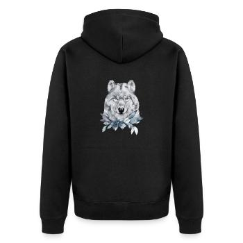 Wolfsporträt geschmückt mit Weihnachtspflanzen - Unisex Premium Bio Zip Hoodie - Schwarz - Hinten - Nico (187cm)
