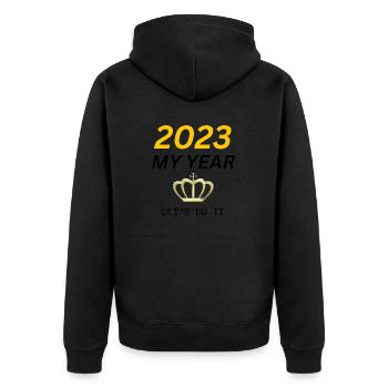 2023 MY YEAR, LET‘S DO IT - Unisex Premium Organic Zip Hoodie - black - Back - Nico (187cm)