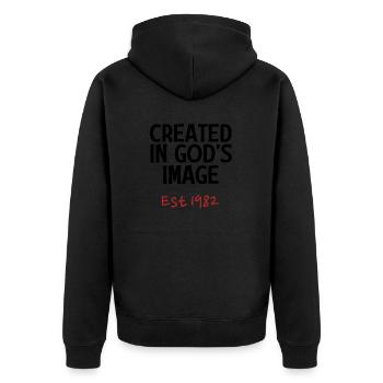 Créé à l’image de Dieu est 1982 - Veste à capuche bio Premium Unisexe - noir - Dos - Nico (187cm)