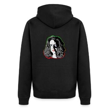 Eine Frau wie aus einem noir Film grün/orange - Unisex Premium Bio Zip Hoodie - Schwarz - Hinten - Nico (187cm)