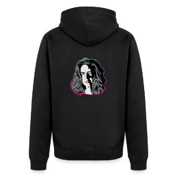 Eine Frau wie aus einem noir Film türkis/pink - Unisex Premium Bio Zip Hoodie - Schwarz - Hinten - Nico (187cm)