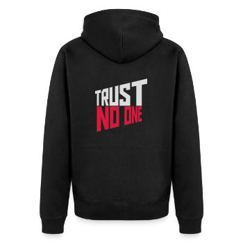 trust no one Zitat - Unisex Premium Bio Zip Hoodie - Schwarz - Hinten - Nico (187cm)