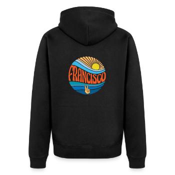 Francisco Hemd Vintage Sunset Francisco Groovy - Unisex Premium Bio Zip Hoodie - Schwarz - Hinten - Nico (187cm)