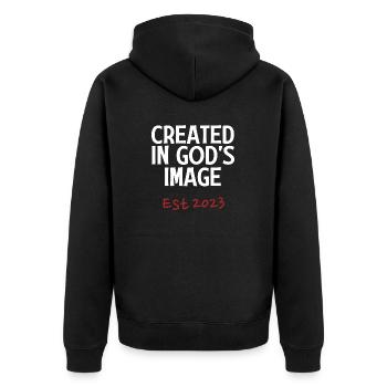 Geschaffen nach Gottes Bilde Est 2023 - Unisex Premium Bio Zip Hoodie - Schwarz - Hinten - Nico (187cm)
