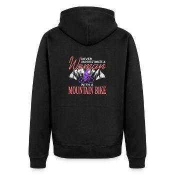 Never Underestimate A Woman With Mountain Bike - Unisex Premium Bio Zip Hoodie - Schwarz - Hinten - Nico (187cm)