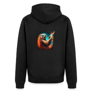 Cooles Faultier mit Sonnenbrille und Bier - Unisex Premium Bio Zip Hoodie - Schwarz - Hinten - Nico (187cm)