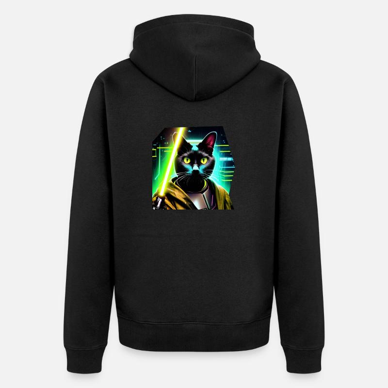 Katze mit Lichtschwert - Unisex Premium Bio Zip Hoodie - Schwarz