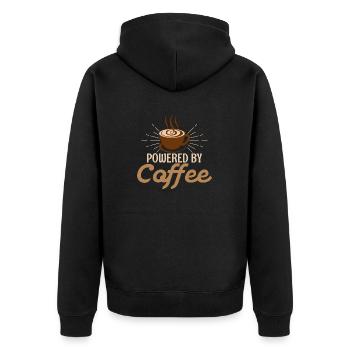Powered By Coffee Caffeinated Morning Person - Unisex Premium Bio Zip Hoodie - Schwarz - Hinten - Nico (187cm)