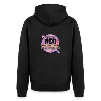 Die Tut Nix Die Will Nur Häkeln Rosa Lila Orange - Unisex Premium Bio Zip Hoodie - Schwarz - Hinten - Nico (187cm)