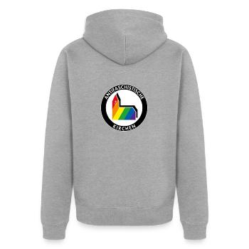 Antifaschistische Kirchen - Unisex Premium Bio Zip Hoodie - Grau meliert - Hinten - Nico (187cm)