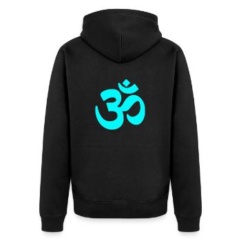 om zeichen neon blau yoga - Unisex Premium Bio Zip Hoodie - Schwarz - Hinten - Nico (187cm)