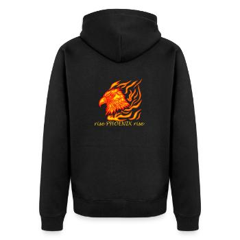 cool, burning phoenix head saying Rise Phoenix - Unisex Premium Organic Zip Hoodie - black - Back - Nico (187cm)