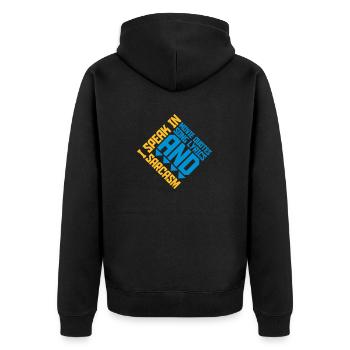 speak lyrics and sarcasm - Unisex Premium Organic Zip Hoodie - black - Back - Nico (187cm)