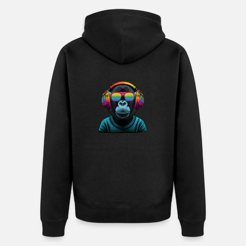 Regenbogen Affe mit Kopfhörer - Unisex Premium Bio Zip Hoodie - Schwarz