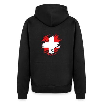 Schweizer Flagge unter Zerrissen - Unisex Premium Bio Zip Hoodie - Schwarz - Hinten - Nico (187cm)