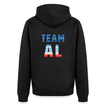Team Al | Warming Stripes - Unisex Premium Bio Zip Hoodie - Schwarz - Hinten - Nico (187cm)