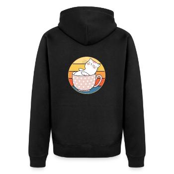 Lustiges süßes Kawaii Katzengesicht Retro Sonnenuntergang - Unisex Premium Bio Zip Hoodie - Schwarz - Hinten - Nico (187cm)