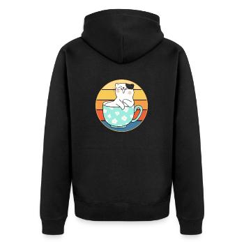 Lustiges süßes Kawaii Katzengesicht Retro Sonnenuntergang - Unisex Premium Bio Zip Hoodie - Schwarz - Hinten - Nico (187cm)