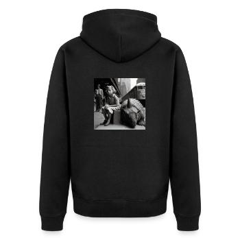 L’enfant est assis à côté de Dino - Veste à capuche bio Premium Unisexe - noir - Dos - Nico (187cm)