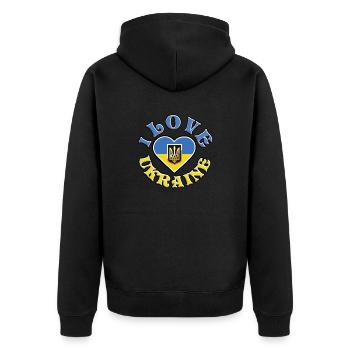 I love Ukraine, mit Flagge und Herz - Unisex Premium Bio Zip Hoodie - Schwarz - Hinten - Nico (187cm)