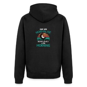 normalise being quiet in morning Morgenmuffel - Unisex Premium Bio Zip Hoodie - Schwarz - Hinten - Nico (187cm)