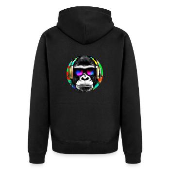 Gorilla mit Kopfhörer und Sonnenbrille - Unisex Premium Bio Zip Hoodie - Schwarz - Hinten - Nico (187cm)